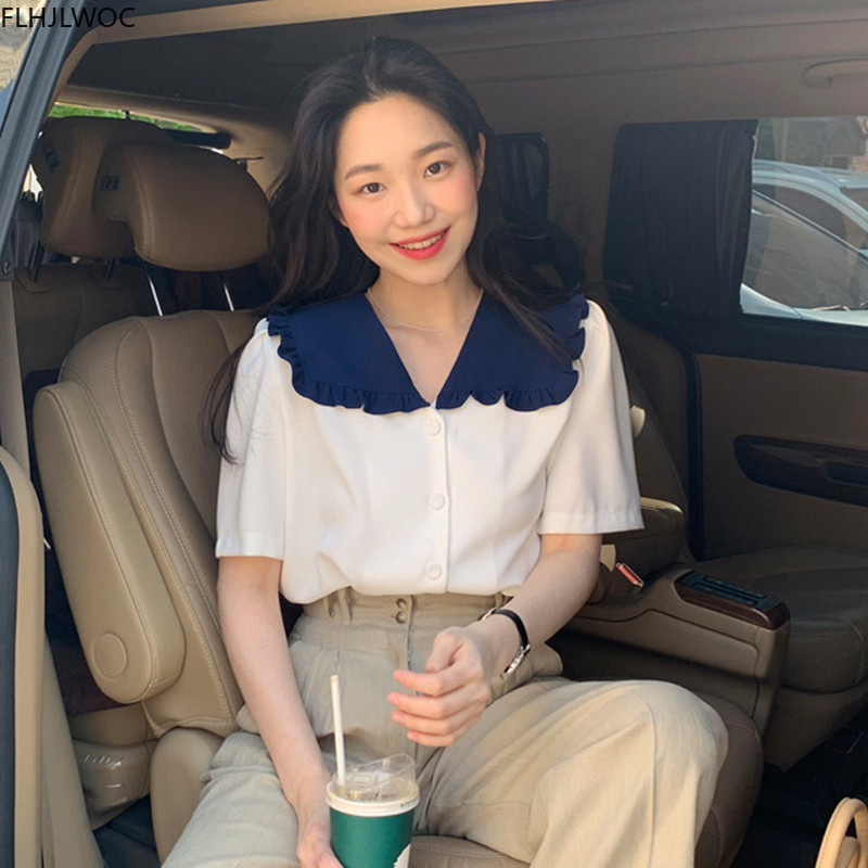 Chic korejska modna odjeća, ljetna košulja s naborima, bijelim gumbima, bluza, starinske ženske majice Flhjlwoc Camisas