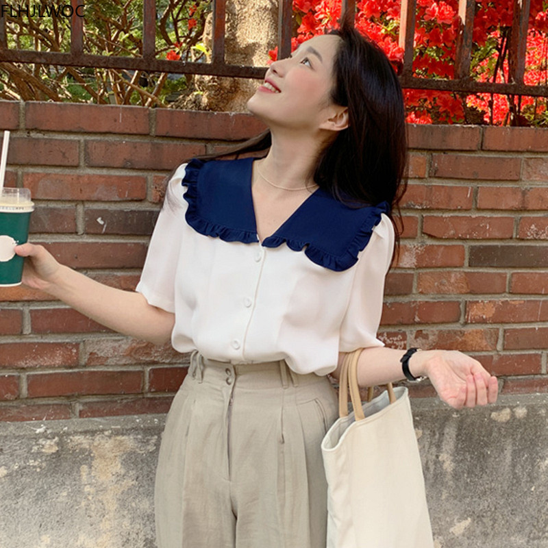 Chic korejska modna odjeća, ljetna košulja s naborima, bijelim gumbima, bluza, starinske ženske majice Flhjlwoc Camisas