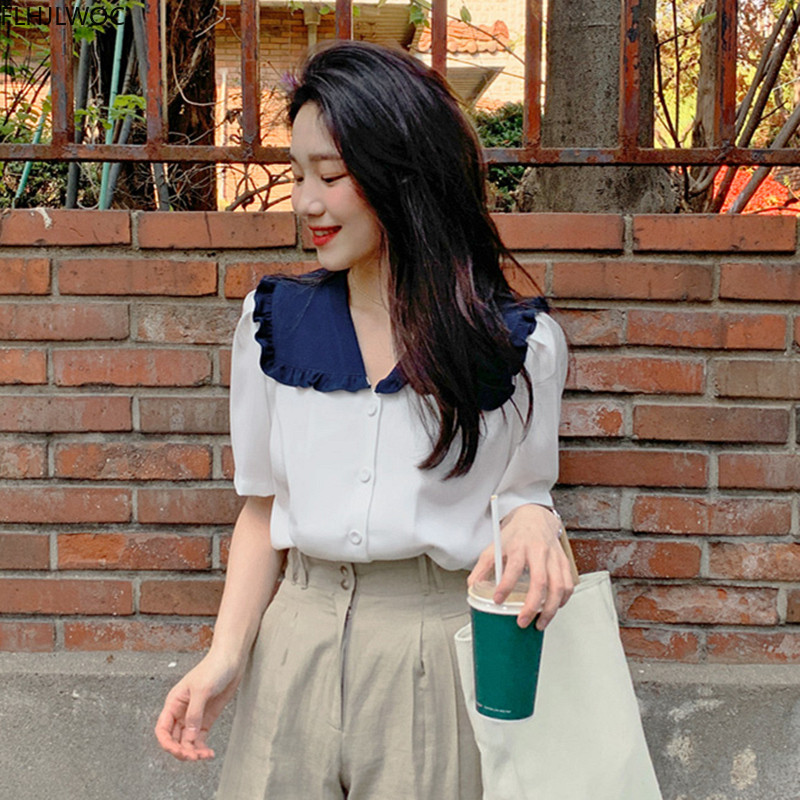 Chic korejska modna odjeća, ljetna košulja s naborima, bijelim gumbima, bluza, starinske ženske majice Flhjlwoc Camisas
