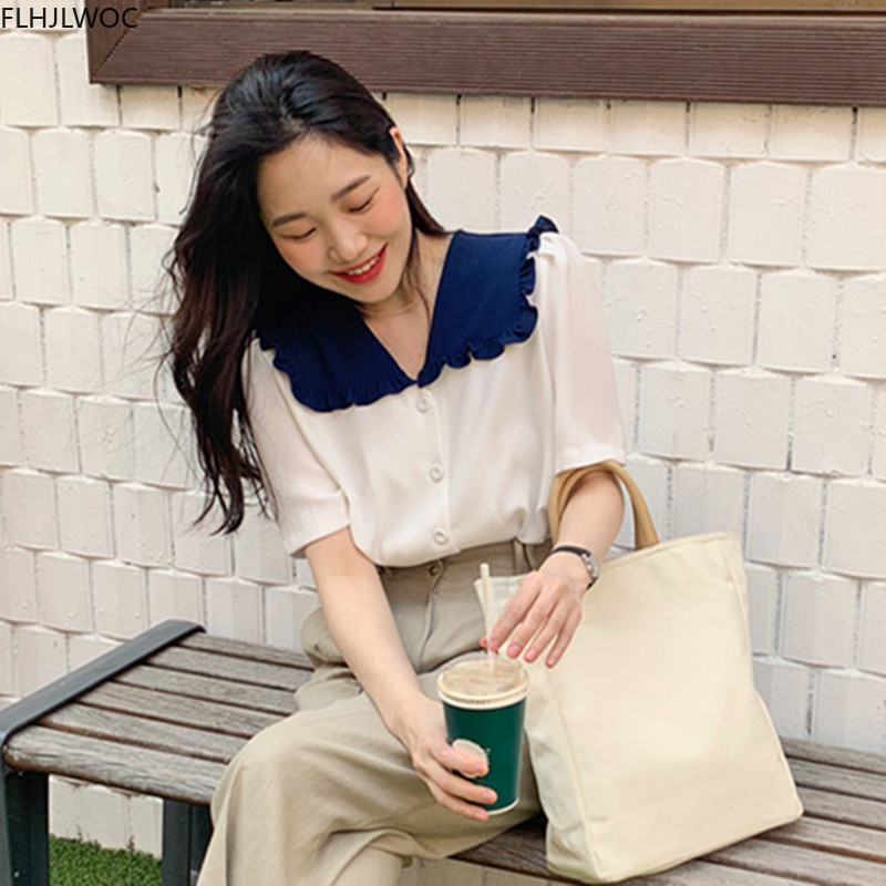 Chic korejska modna odjeća, ljetna košulja s naborima, bijelim gumbima, bluza, starinske ženske majice Flhjlwoc Camisas