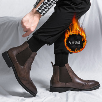 Есен Зима Класически черни мъжки кожени ботуши Дизайн с остър цип Мъжки ботуши Челси Комфортни топли мъжки обувки с висока рокля