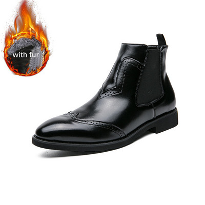 Jesen Zima Klasične crne muške kožne čizme Dizajniran sa šiljastim patentnim zatvaračem Muške Chelsea čizme Udobne tople muške visoke svečane cipele