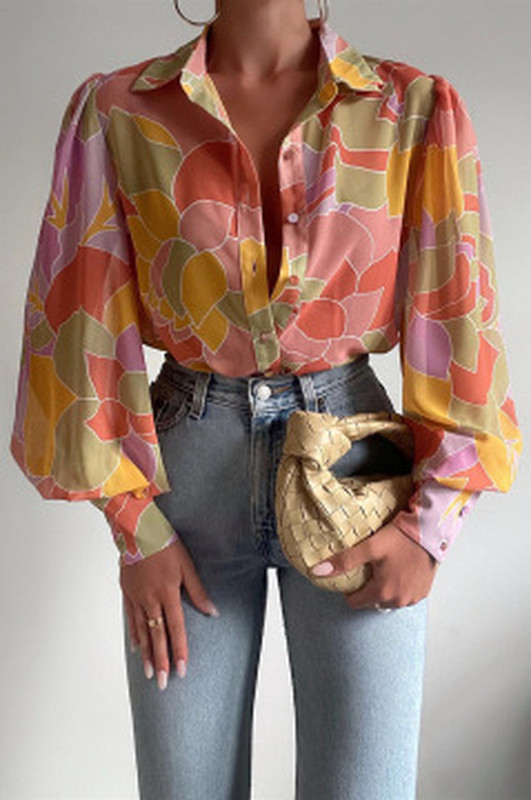 Cămașă casual cu nasturi imprimate în stil englezesc Primăvara vară 2022 guler răsturnat Cardigan cu mâneci lungi cu lanternă Topuri Îmbrăcăminte pentru femei