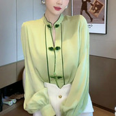 Κομψή μπλούζα με γιακά με βάση Κομψή κινεζική πόρπη με δίσκο με χάντρες Ανοιξιάτικο φθινόπωρο λαϊκά γυναικεία ρούχα Διακόσμηση πουκάμισο με φωτεινή γραμμή