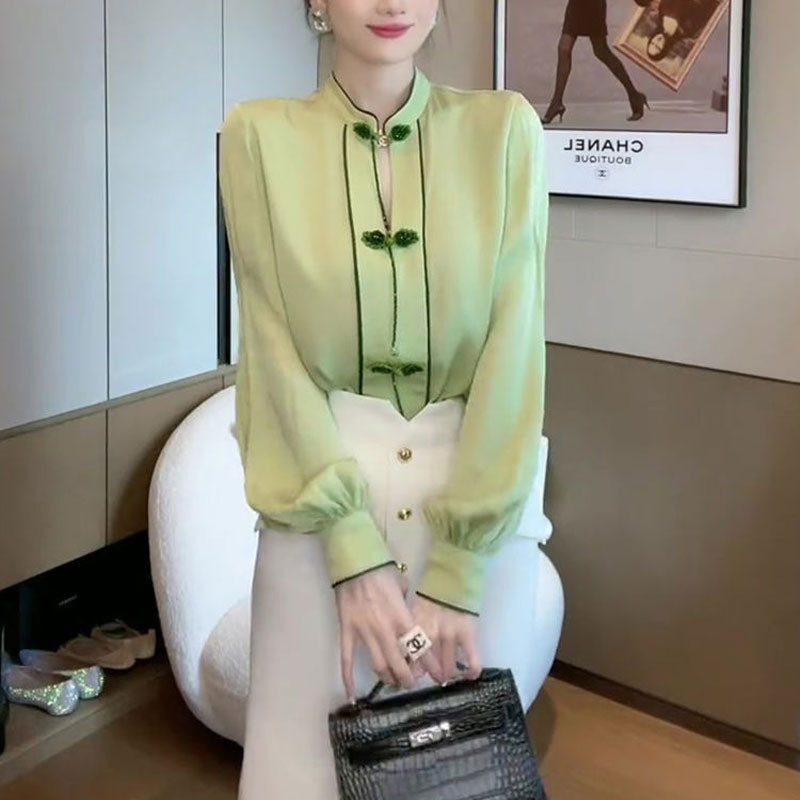 Κομψή μπλούζα με γιακά με βάση Κομψή κινεζική πόρπη με δίσκο με χάντρες Ανοιξιάτικο φθινόπωρο λαϊκά γυναικεία ρούχα Διακόσμηση πουκάμισο με φωτεινή γραμμή