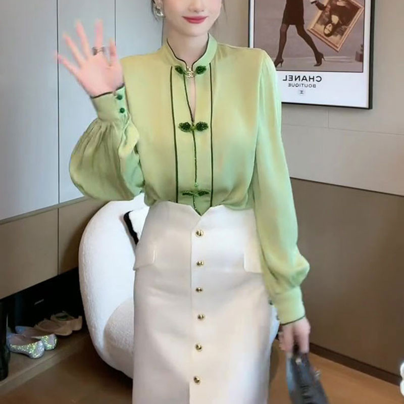 Κομψή μπλούζα με γιακά με βάση Κομψή κινεζική πόρπη με δίσκο με χάντρες Ανοιξιάτικο φθινόπωρο λαϊκά γυναικεία ρούχα Διακόσμηση πουκάμισο με φωτεινή γραμμή
