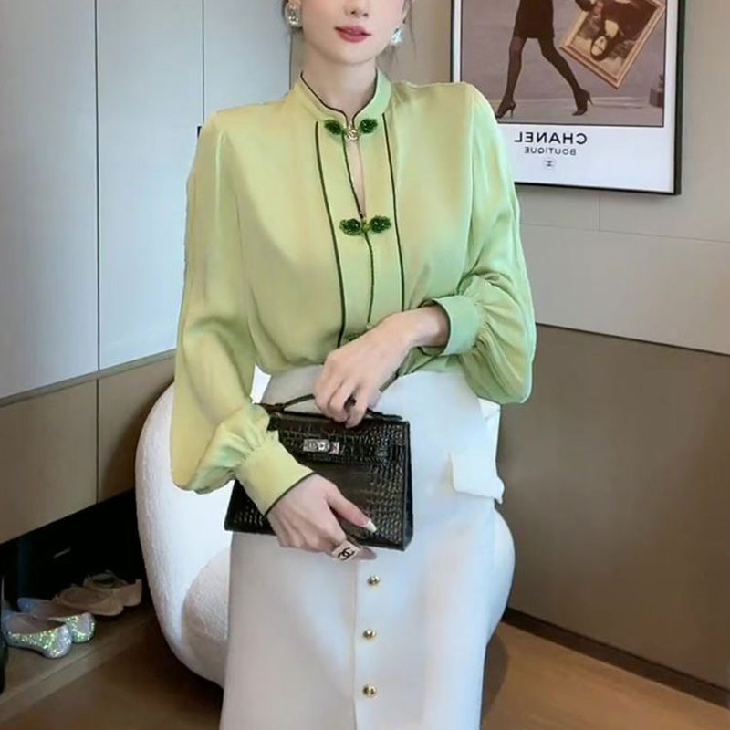 Κομψή μπλούζα με γιακά με βάση Κομψή κινεζική πόρπη με δίσκο με χάντρες Ανοιξιάτικο φθινόπωρο λαϊκά γυναικεία ρούχα Διακόσμηση πουκάμισο με φωτεινή γραμμή