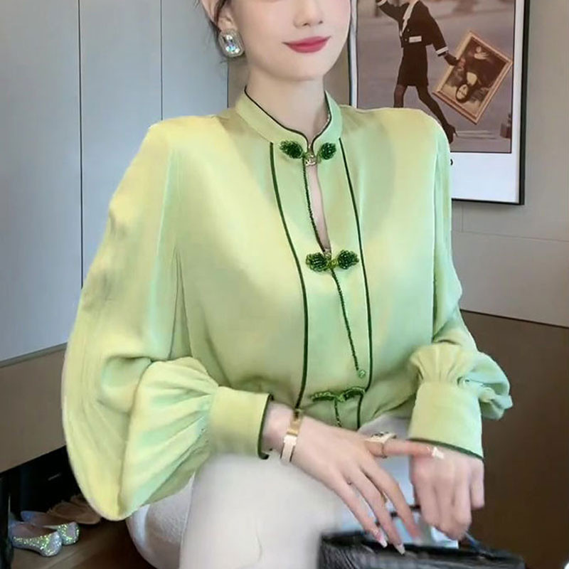 Κομψή μπλούζα με γιακά με βάση Κομψή κινεζική πόρπη με δίσκο με χάντρες Ανοιξιάτικο φθινόπωρο λαϊκά γυναικεία ρούχα Διακόσμηση πουκάμισο με φωτεινή γραμμή