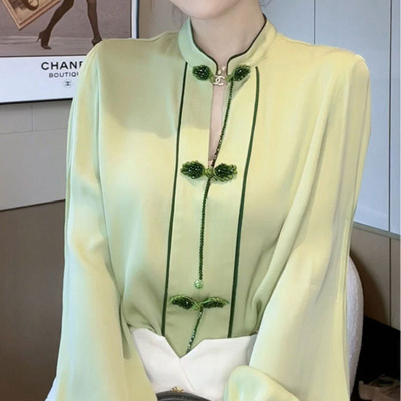 Κομψή μπλούζα με γιακά με βάση Κομψή κινεζική πόρπη με δίσκο με χάντρες Ανοιξιάτικο φθινόπωρο λαϊκά γυναικεία ρούχα Διακόσμηση πουκάμισο με φωτεινή γραμμή