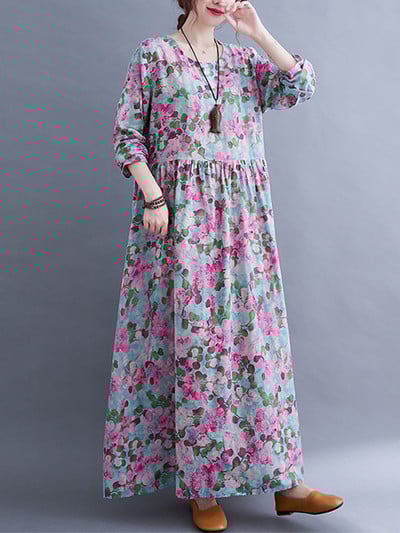 Bumbac vintage cu imprimeu floral cu mânecă lungă, primăvară, toamnă, rochii pentru femei 2023, ocazional, lejer, elegant, halat de plajă Longue Femme