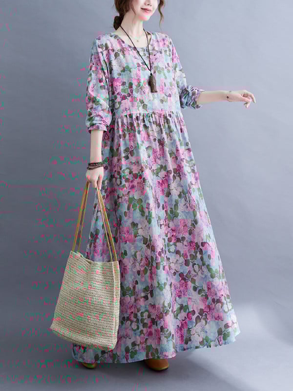 Bumbac vintage cu imprimeu floral cu mânecă lungă, primăvară, toamnă, rochii pentru femei 2023, ocazional, lejer, elegant, halat de plajă Longue Femme