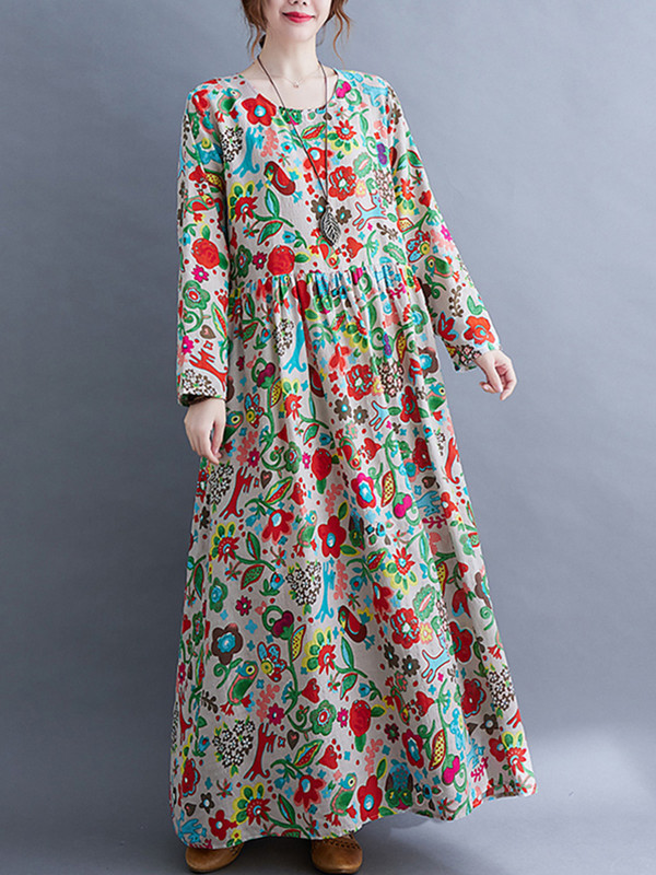 Bumbac vintage cu imprimeu floral cu mânecă lungă, primăvară, toamnă, rochii pentru femei 2023, ocazional, lejer, elegant, halat de plajă Longue Femme