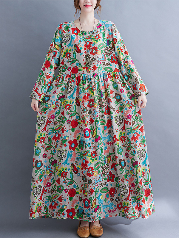 Bumbac vintage cu imprimeu floral cu mânecă lungă, primăvară, toamnă, rochii pentru femei 2023, ocazional, lejer, elegant, halat de plajă Longue Femme