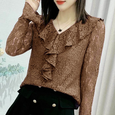 Σέξι φλοράλ δαντέλα με κούφια μπλούζα γυναικεία ρούχα Κομψά βολάν ματισμένα ανοιξιάτικα φθινοπωρινά casual μακρυμάνικο κομψό πουκάμισο με λαιμόκοψη