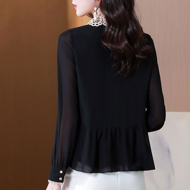 Elegantiški nėriniai surišti apykakle marškiniai pavasario ruduo Nauji ilgomis rankovėmis moteriški drabužiai Madingi vienspalviai mygtukais plona palaidinė