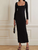 Rib Stretch Long Slim Solid Γυναικεία Μόδα άνοιξη φθινόπωρο Casual Μαύρο φόρεμα με μακρυμάνικο τετράγωνο γιακά γυναικεία ρούχα