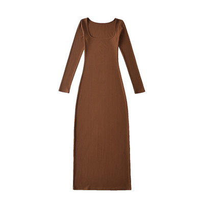 Rib Stretch Long Slim Solid Γυναικεία Μόδα άνοιξη φθινόπωρο Casual Μαύρο φόρεμα με μακρυμάνικο τετράγωνο γιακά γυναικεία ρούχα