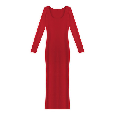 Rib Stretch Long Slim Solid Γυναικεία Μόδα άνοιξη φθινόπωρο Casual Μαύρο φόρεμα με μακρυμάνικο τετράγωνο γιακά γυναικεία ρούχα