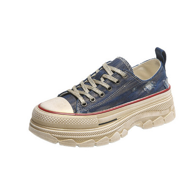 Tălpi groase Pantofi de pânză de primăvară, cu cap rotund, pantofi plat, cu șireturi Pantuflas Mujeres