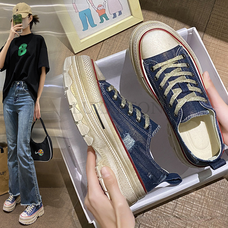 Tălpi groase Pantofi de pânză de primăvară, cu cap rotund, pantofi plat, cu șireturi Pantuflas Mujeres