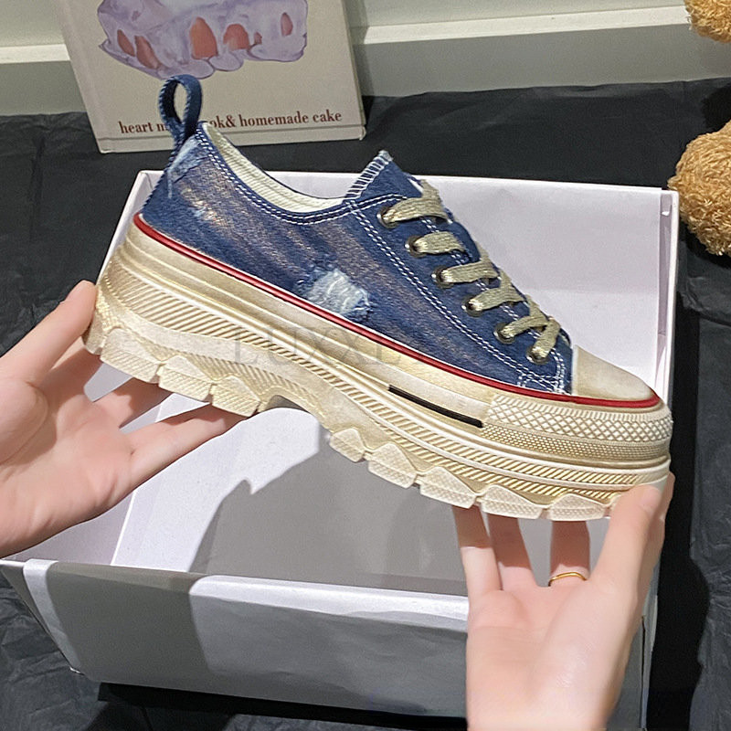 Tălpi groase Pantofi de pânză de primăvară, cu cap rotund, pantofi plat, cu șireturi Pantuflas Mujeres