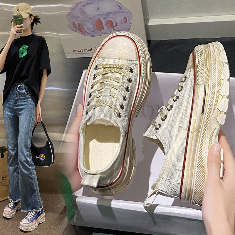 Tălpi groase Pantofi de pânză de primăvară, cu cap rotund, pantofi plat, cu șireturi Pantuflas Mujeres