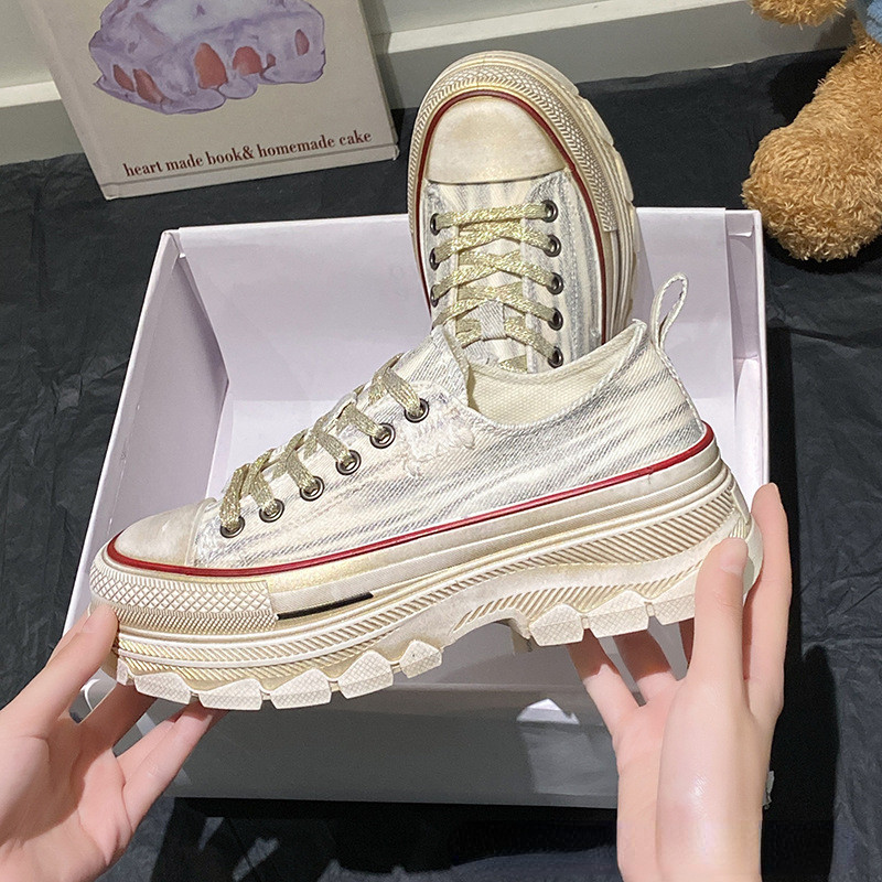 Tălpi groase Pantofi de pânză de primăvară, cu cap rotund, pantofi plat, cu șireturi Pantuflas Mujeres