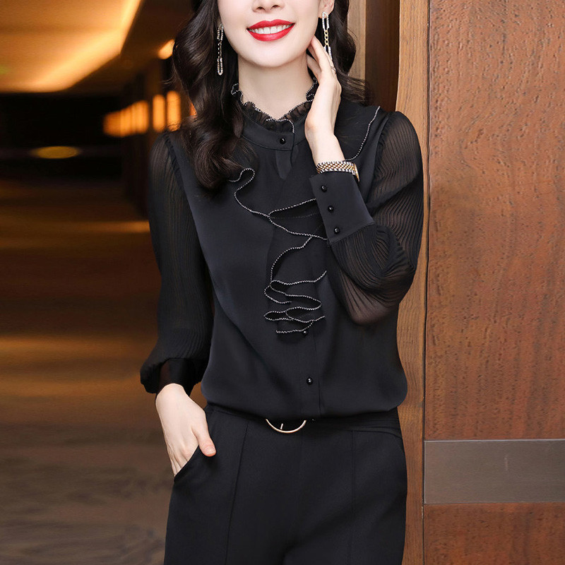 Moteriška palaidinė Nėriniai raukiniai Šifoniniai marškiniai Drabužiai Pavasaris Ruduo biuras Moteris Sulenkiamas Žibintas Rankovės Megztiniai Elegantiška vintažinė palaidinė