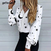 Laisvalaikio mados seksualūs spausdinti masyvūs nėriniuoti marškiniai 2022 m. pavasario nauji Streetwear V formos kaklo ilgomis rankovėmis megztiniai viršutiniai moteriški drabužiai