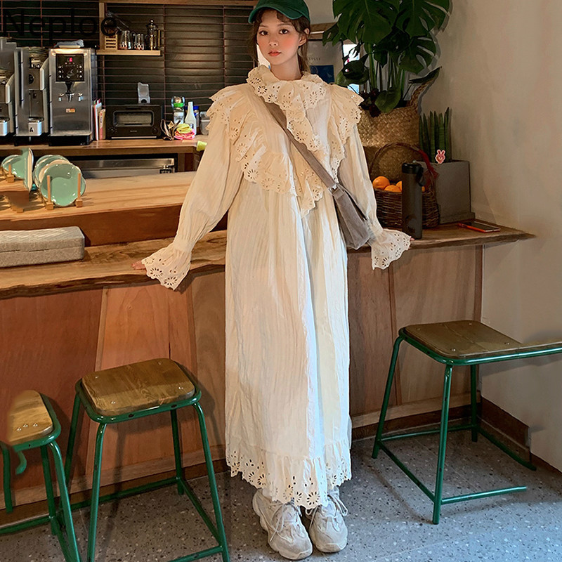 Neploe korejski šik izdubljeni dizajn, duga haljina s širokim izrezom, dugih rukava, bijeli vestido visokog struka, slobodna ropa, elegantna 48558