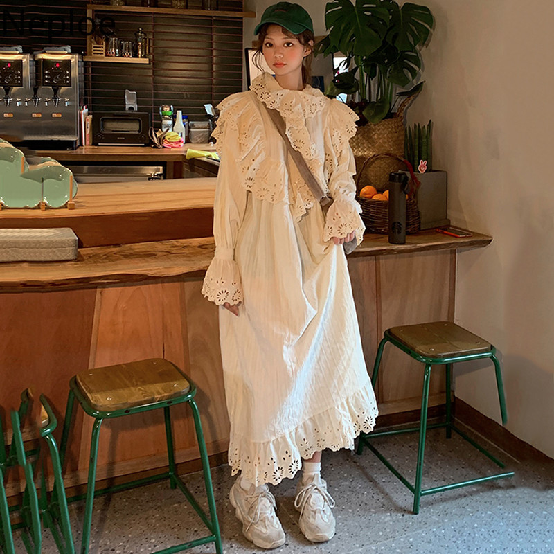 Neploe korejski šik izdubljeni dizajn, duga haljina s širokim izrezom, dugih rukava, bijeli vestido visokog struka, slobodna ropa, elegantna 48558