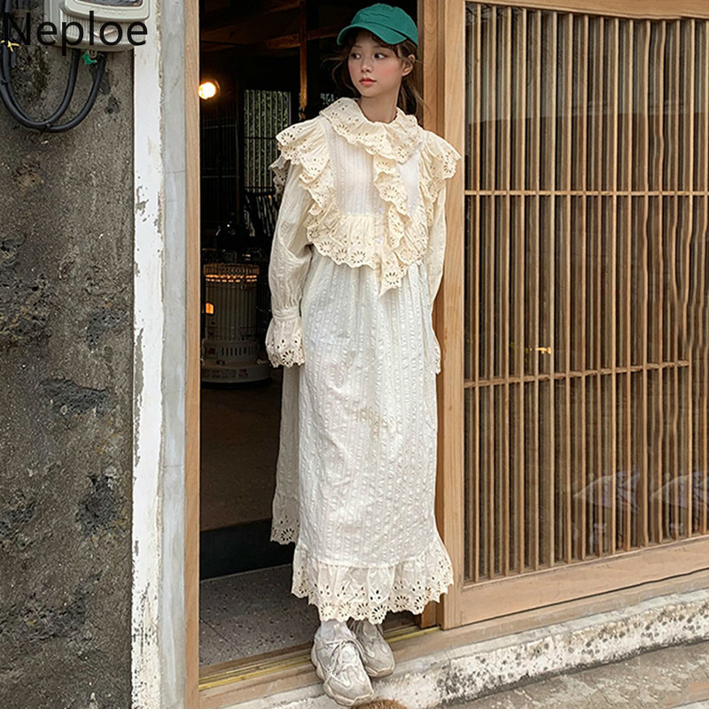 Neploe korejski šik izdubljeni dizajn, duga haljina s širokim izrezom, dugih rukava, bijeli vestido visokog struka, slobodna ropa, elegantna 48558