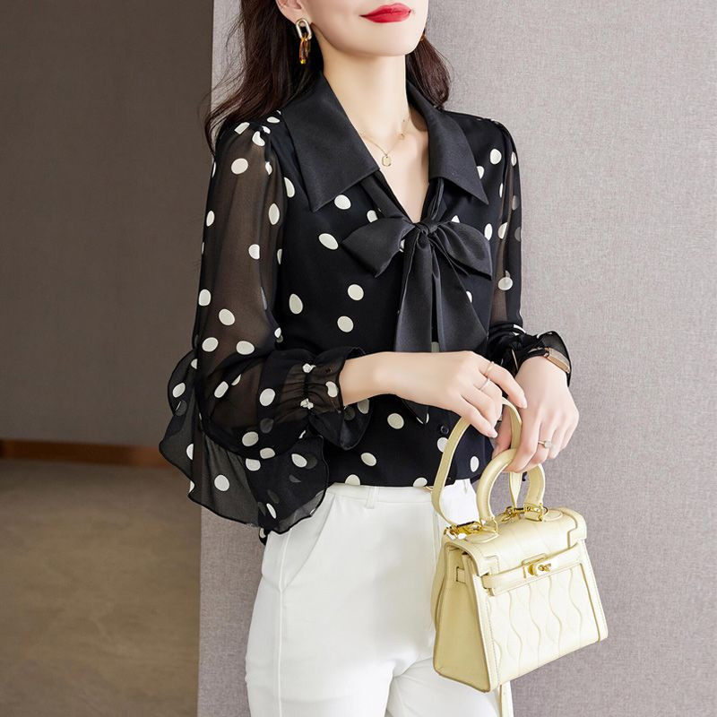 Cămașă cu imprimeu cu buline pentru navetă Volane ocazional Îmbrăcăminte feminină cu un singur piept de primăvară Bluză cu fundă cu șnur cu gât