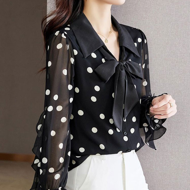 Cămașă cu imprimeu cu buline pentru navetă Volane ocazional Îmbrăcăminte feminină cu un singur piept de primăvară Bluză cu fundă cu șnur cu gât