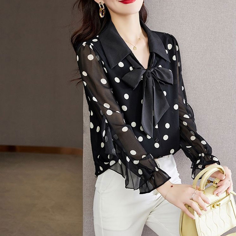 Cămașă cu imprimeu cu buline pentru navetă Volane ocazional Îmbrăcăminte feminină cu un singur piept de primăvară Bluză cu fundă cu șnur cu gât