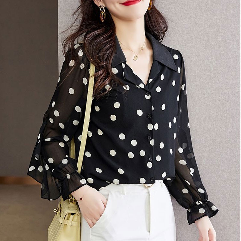 Cămașă cu imprimeu cu buline pentru navetă Volane ocazional Îmbrăcăminte feminină cu un singur piept de primăvară Bluză cu fundă cu șnur cu gât