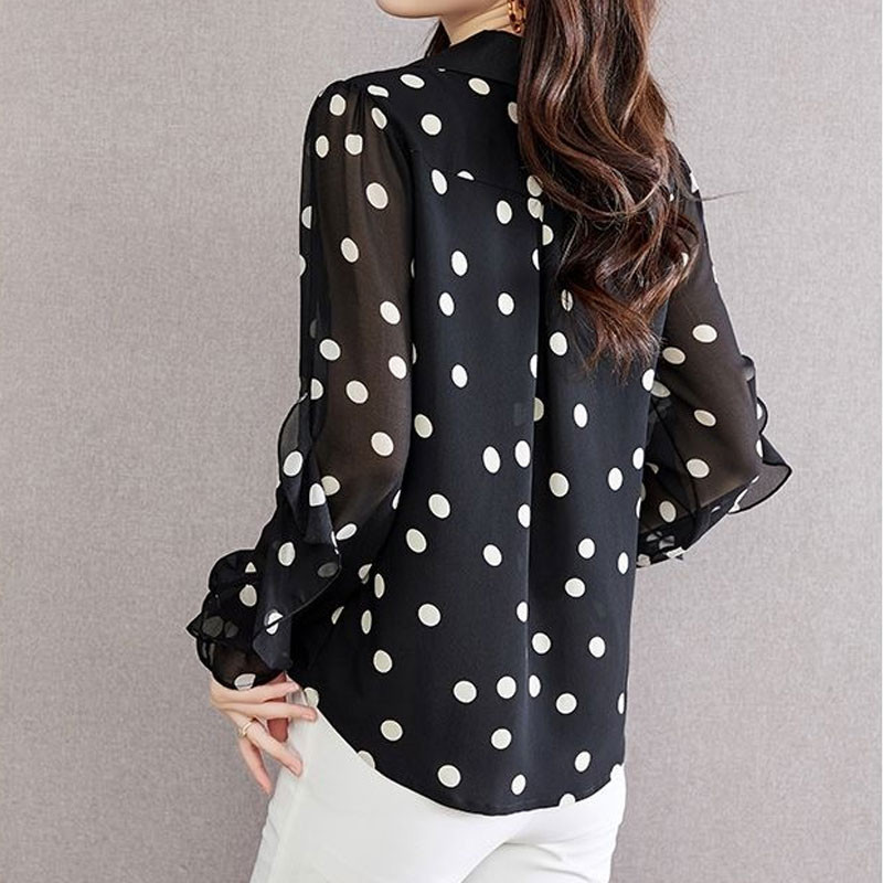 Cămașă cu imprimeu cu buline pentru navetă Volane ocazional Îmbrăcăminte feminină cu un singur piept de primăvară Bluză cu fundă cu șnur cu gât