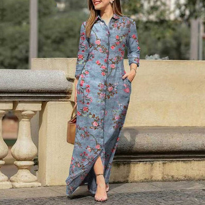 Rochie maxi cu imprimeu vintage, la modă pentru femei, cu nasturi cu rever, lejer, cu mânecă lungă, cămașă dreaptă, rochie ocazională cu buzunar pentru damă.