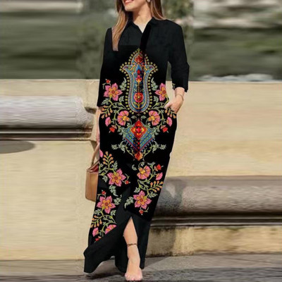 Rochie maxi cu imprimeu vintage, la modă pentru femei, cu nasturi cu rever, lejer, cu mânecă lungă, cămașă dreaptă, rochie ocazională cu buzunar pentru damă.