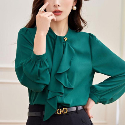 Cămașă de culoare solidă imprimată cu puncte pentru damă de birou, primăvară, toamnă, guler de modă, fundă, îmbrăcăminte feminină, bluză cu un singur piept