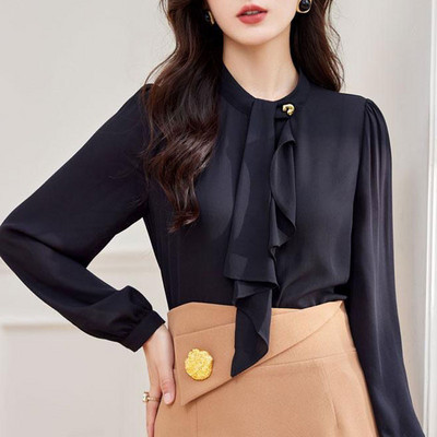 Cămașă de culoare solidă imprimată cu puncte pentru damă de birou, primăvară, toamnă, guler de modă, fundă, îmbrăcăminte feminină, bluză cu un singur piept