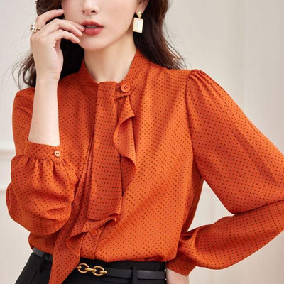 Cămașă de culoare solidă imprimată cu puncte pentru damă de birou, primăvară, toamnă, guler de modă, fundă, îmbrăcăminte feminină, bluză cu un singur piept