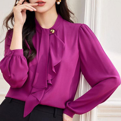 Cămașă de culoare solidă imprimată cu puncte pentru damă de birou, primăvară, toamnă, guler de modă, fundă, îmbrăcăminte feminină, bluză cu un singur piept