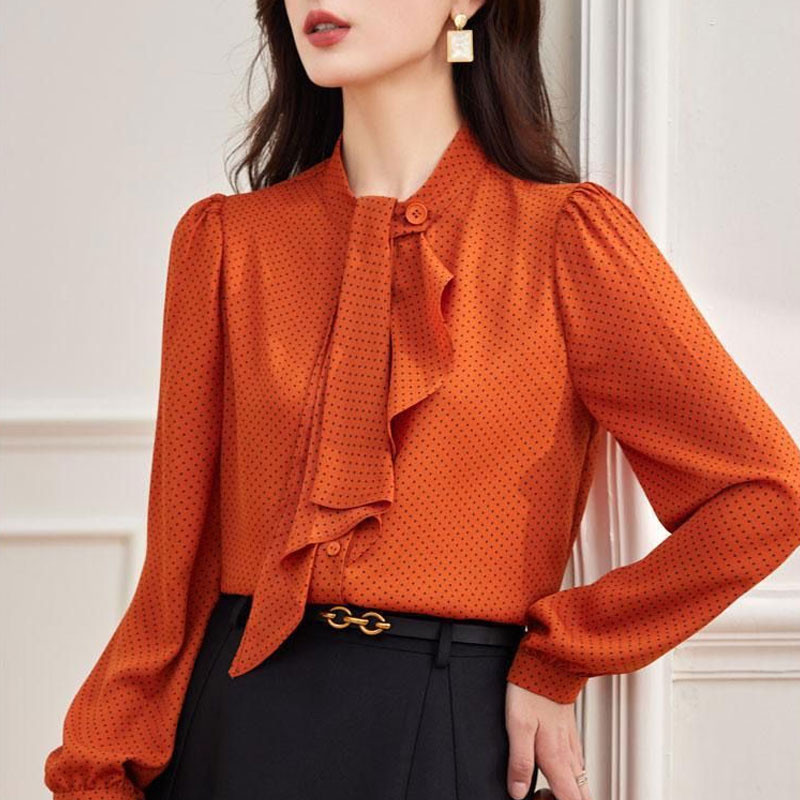 Cămașă de culoare solidă imprimată cu puncte pentru damă de birou, primăvară, toamnă, guler de modă, fundă, îmbrăcăminte feminină, bluză cu un singur piept