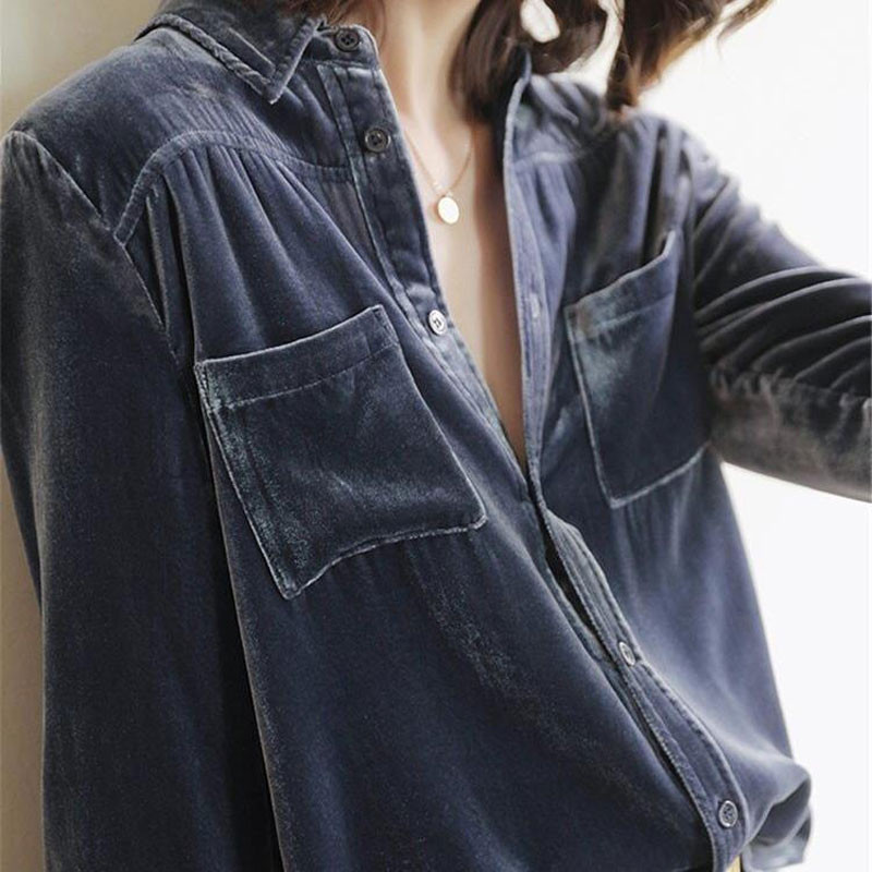 Uredska dama Jednobojna bluza s dugmadima s polo izrezom Jesen Zima Korejska šik košulja od zlatnog baršuna sa spojenim džepovima