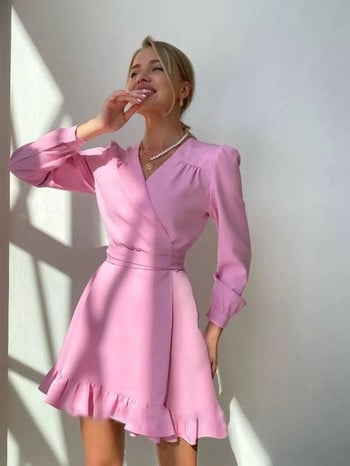 Sweet Ruffles A Line Robe Dress Party Επίδεσμος Μακρυμάνικο Ψηλόμεσο Λεπτό Μίνι Λευκό Φόρεμα Καλοκαίρι 2022 Νέες παραλαβές