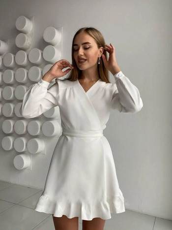 Sweet Ruffles A Line Robe Dress Party Επίδεσμος Μακρυμάνικο Ψηλόμεσο Λεπτό Μίνι Λευκό Φόρεμα Καλοκαίρι 2022 Νέες παραλαβές