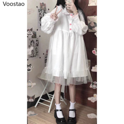 Fehér Kawaii Lolita ruha női hosszú ujjú sifon patchwork midi ruhák japán édes lányok köntös Preppy stílusú parti felszerelés