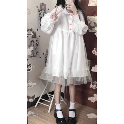 Rochie albă Kawaii Lolita femei cu mânecă lungă șifon mozaic Rochii midi japoneze dulci pentru fete ținută de petrecere în stil preppy