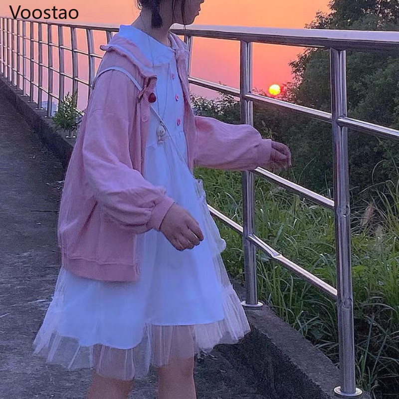Rochie albă Kawaii Lolita femei cu mânecă lungă șifon mozaic Rochii midi japoneze dulci pentru fete ținută de petrecere în stil preppy